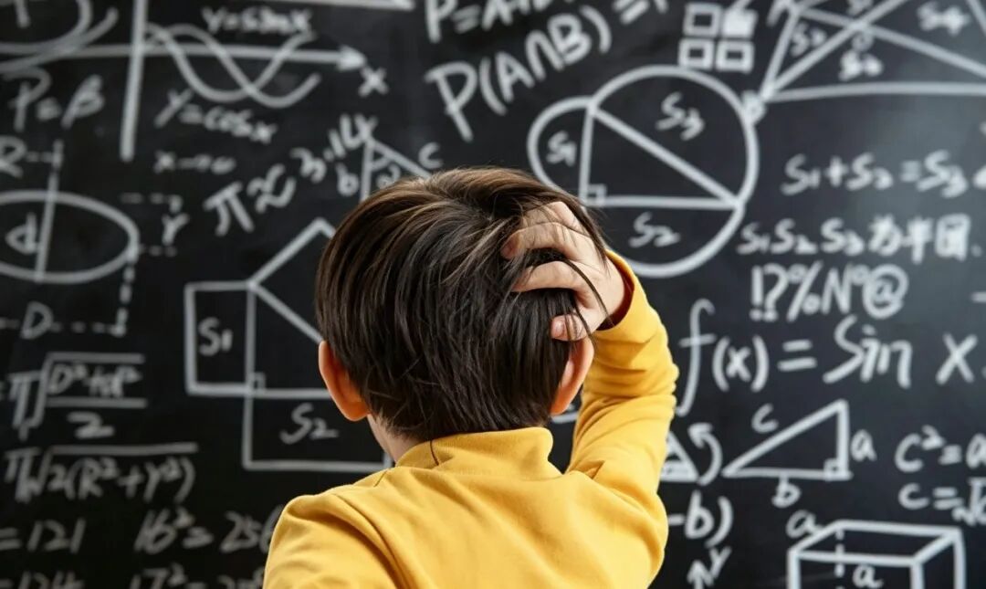 面对写满公式的黑板思考的学生
